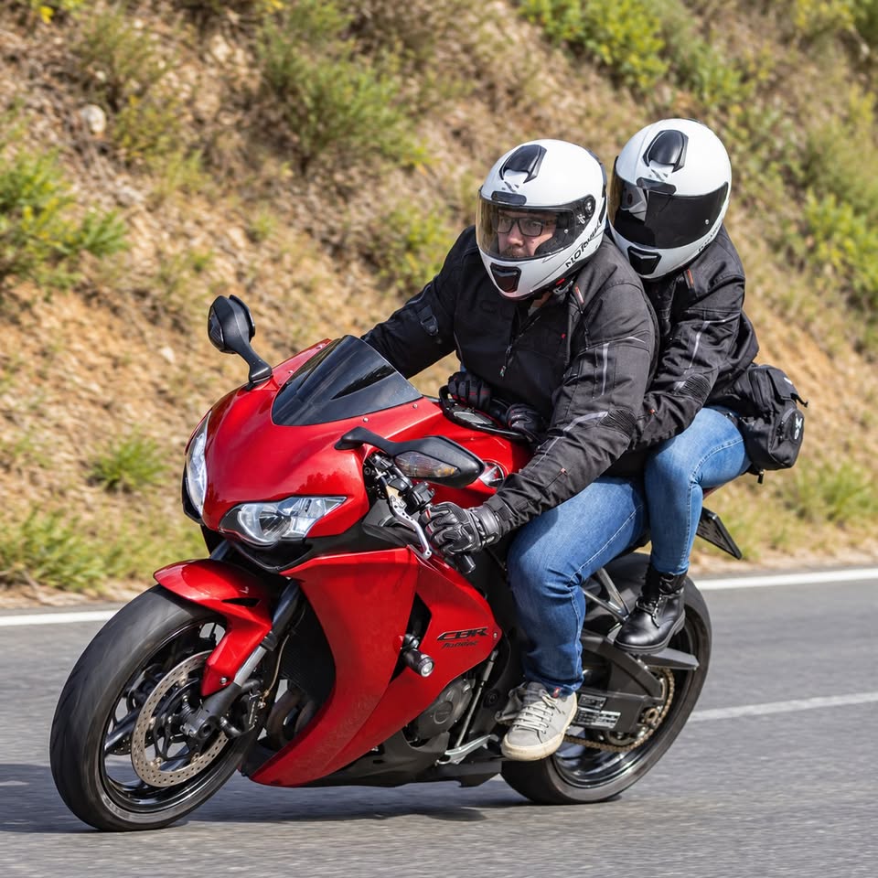 A Fireblade vermelha na estrada, com piloto e garupa
